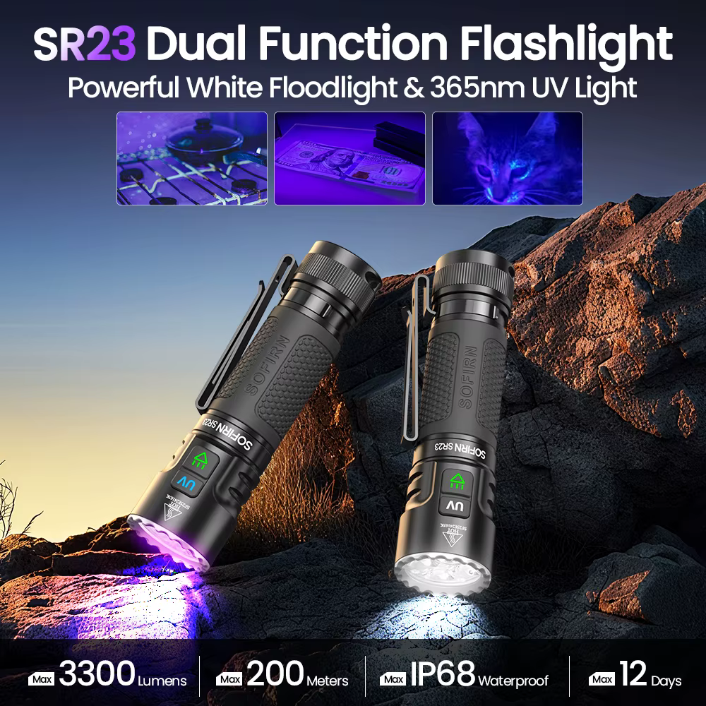 SOFIRN SR23 lampe de poche double lumière 3300lm projecteur blanc et 365nm