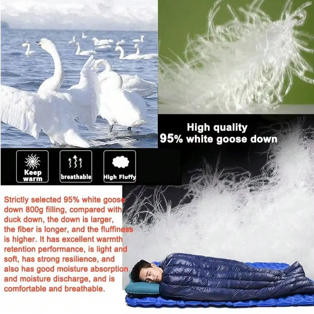 Sacs de couchage en duvet d'oie, sac de couchage ultra chaud de style enveloppe pour adultes en duvet d'oie blanc, équipement de camping portable épais résistant au froid pour l'extérieur