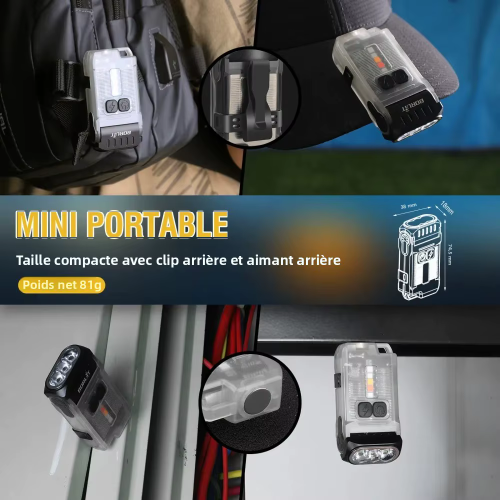 BORUiT V15 1200LM porte-clés LED lampe de poche EDC type-c