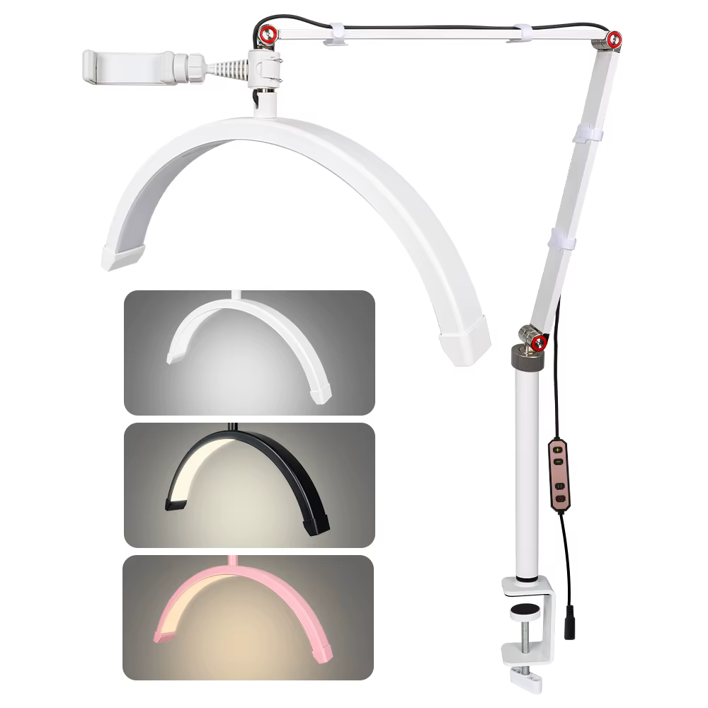 Lampe de bureau LED demi-lune 16 pouces avec support de téléphone et pince, 3 modes d'éclairage réglables, idéale pour les extensions de cils et les ongles