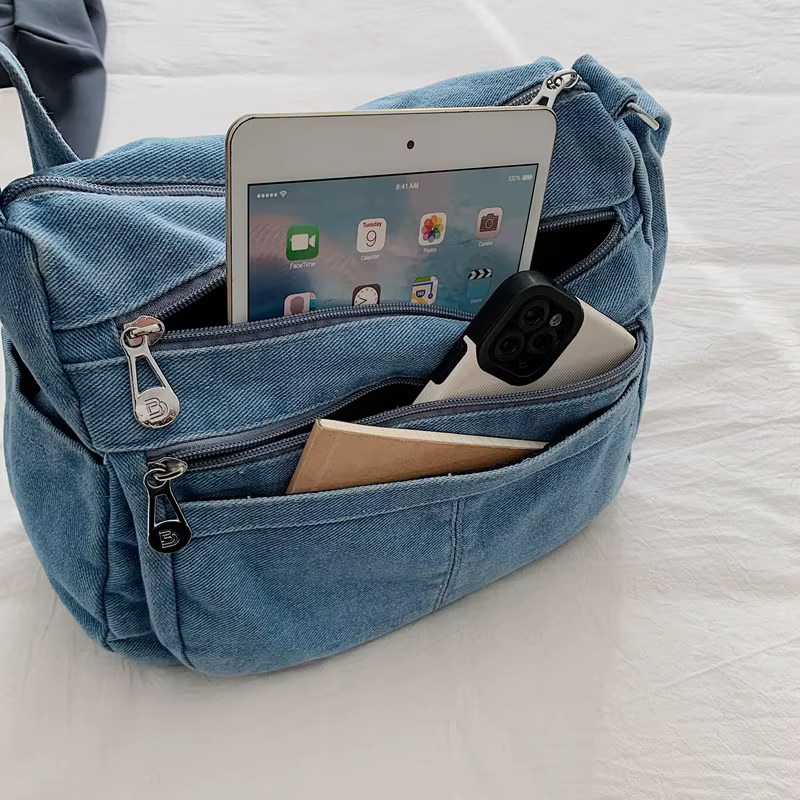 Denim couleur unie fermeture éclair fourre-tout décontracté 2025 hiver nouveaux sacs polyvalents haute capacité