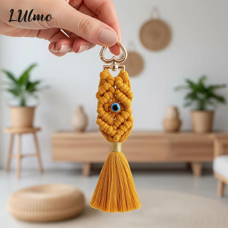 Porte-clés Macramé œil, tressé à la main, style bohème, avec pompon, breloque de sac, style ethnique vintage, pour clés de voiture, sac à main et accessoires