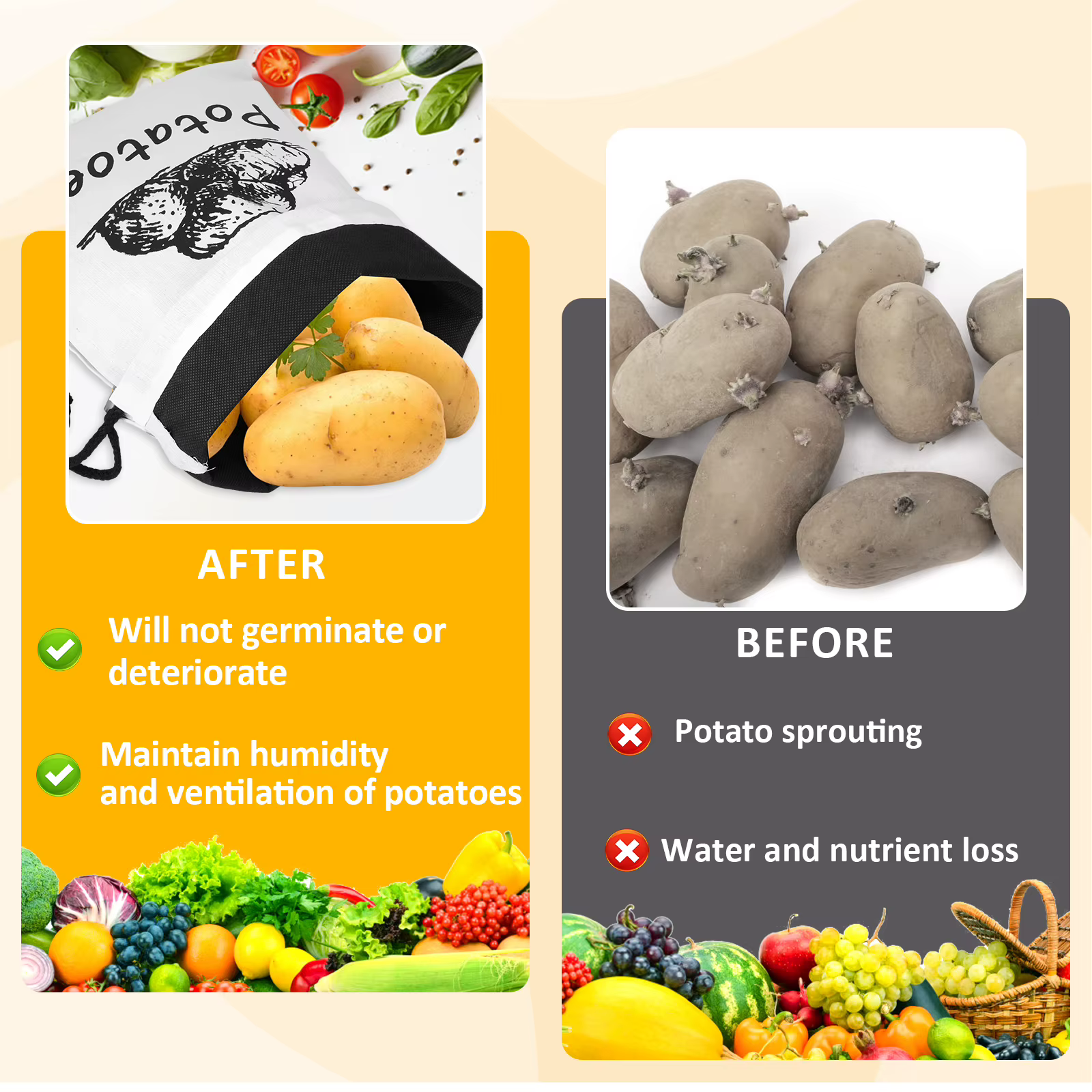 Sac de rangement pour pommes de terre et oignons, 2 pièces, avec cordon de serrage, organisateur de fruits et légumes frais, rangement réutilisable pour la cuisine domestique