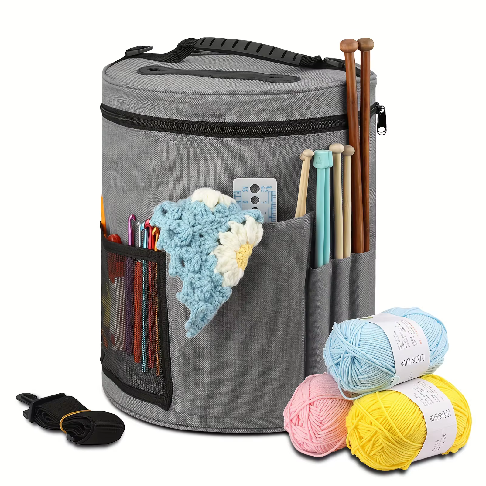 Sac fourre-tout au crochet de grande capacité avec poche avant, rangement de fil, crochets, fils grossiers