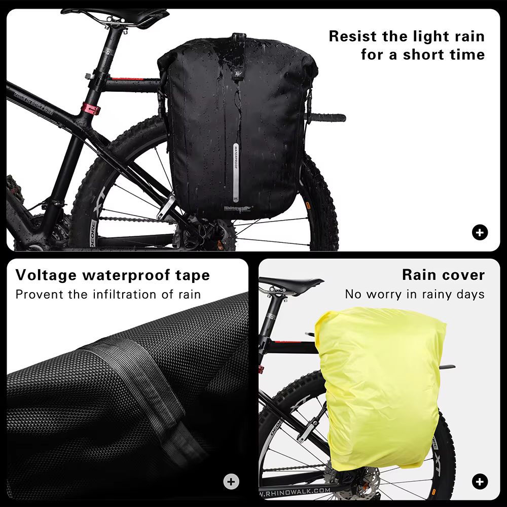 Sacoche de vélo Rhinowalk 20L, imperméable, pour porte-bagages arrière, noire, sac de voyage pour cyclisme, sac à bandoulière, sac à dos, sac de rangement latéral pour vélo