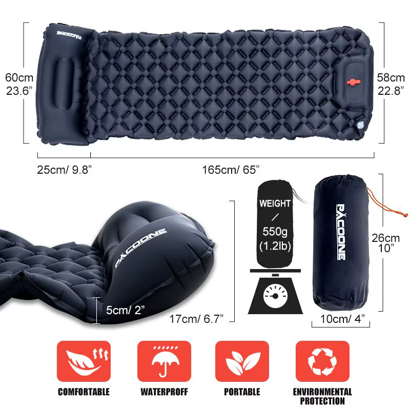 Camping en plein air Gonflable Matelas Couchage Pad Avec Oreillers Ultra Léger Air Mat Intégré Gonfleur Pompe Randonnée