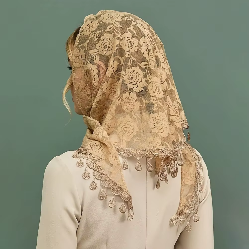 Écharpe en dentelle colorée à protection solaire avec pompons, bandeau imprimé style pastoral, bandeau triangulaire fleuri pour l'église