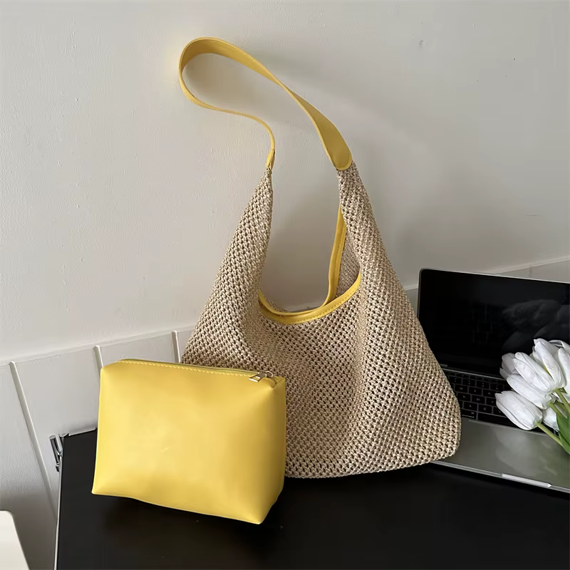 Sac de plage en paille tissé, décontracté, populaire, à la mode, asymétrique, épaule dénudée, bord de mer, voyage, livraison directe, été, 2024