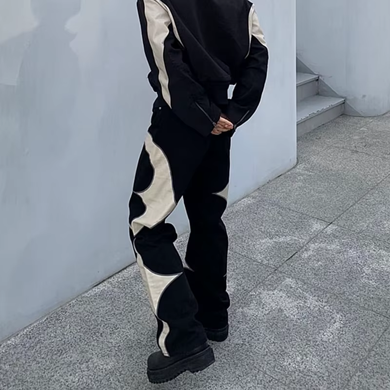 Jean baggy empilé en cuir PU brodé Y2K Kanye 2026 pour homme, vêtements streetwear, pantalon en denim pour femme, pantalon homme
