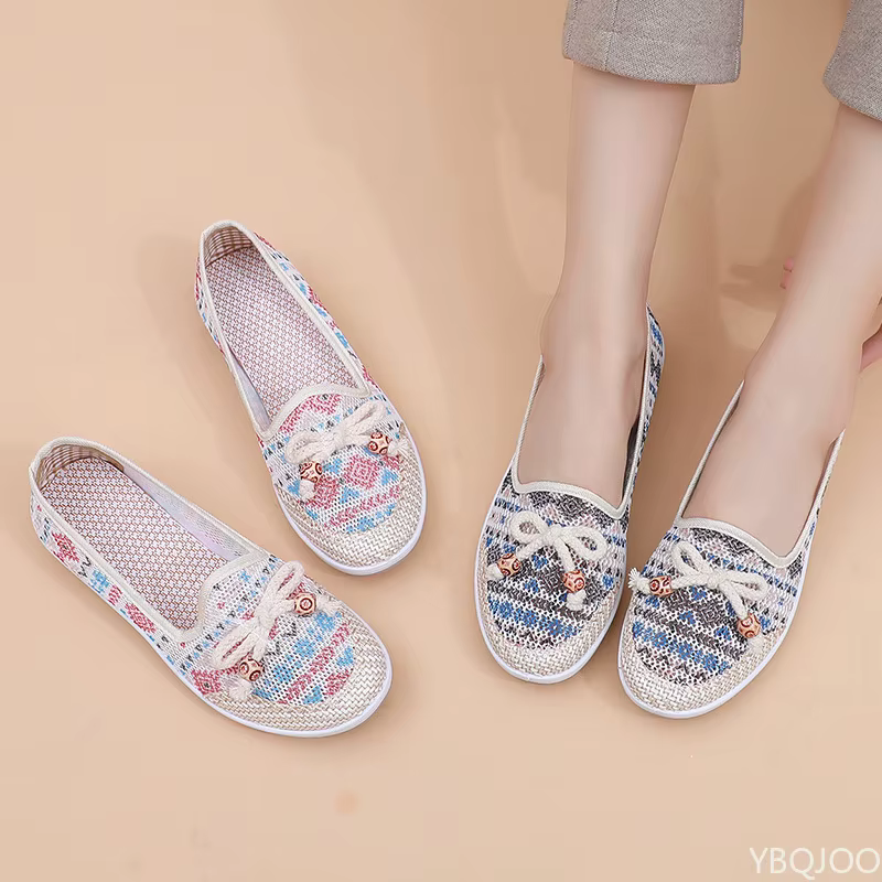 Chaussures en tissu pour femmes, nouvelle collection été 2025, chaussures décontractées respirantes pour mamans, style ethnique, ballerines à bout peu profond pour femmes, Zapatos