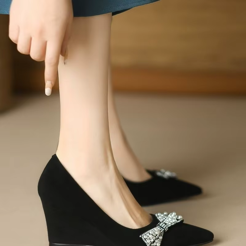 FHC – escarpins en Nubuck pour femmes, chaussures floquées à talons hauts, semelles compensées avec nœud papillon en strass, à enfiler, bout pointu, noir, grande taille, 34-42, livraison directe