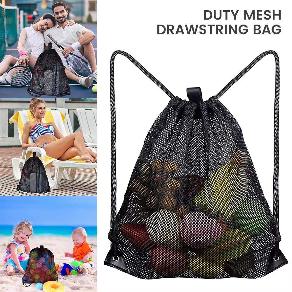 Sac à dos en maille à cordon de serrage, sacs en maille noire, sac en filet pour ballon de football robuste, sac d'équipement pour salle de sport, plage, équipements de natation