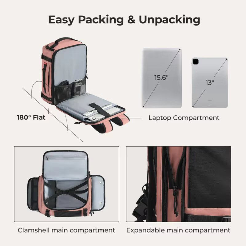 BAGSMART Sac à dos de voyage pour hommes et femmes avec compartiment à chaussures Sac à dos de compression pour avion Sac de cabine antivol étanche
