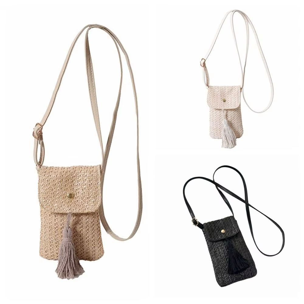 Sac à main portable en paille tressée avec longue pampille, pochette pour téléphone faite à la main pour femme, design de niche, style coréen, sac de plage tressé pour l'extérieur