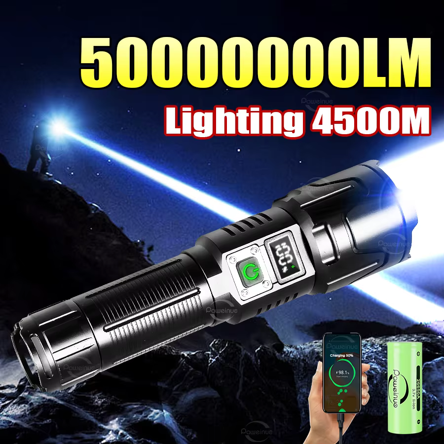 PAWEINUO lampe de poche LED la plus puissante 5000000LM torche Rechargeable Super lumineuse Zoom longue portée 4500M