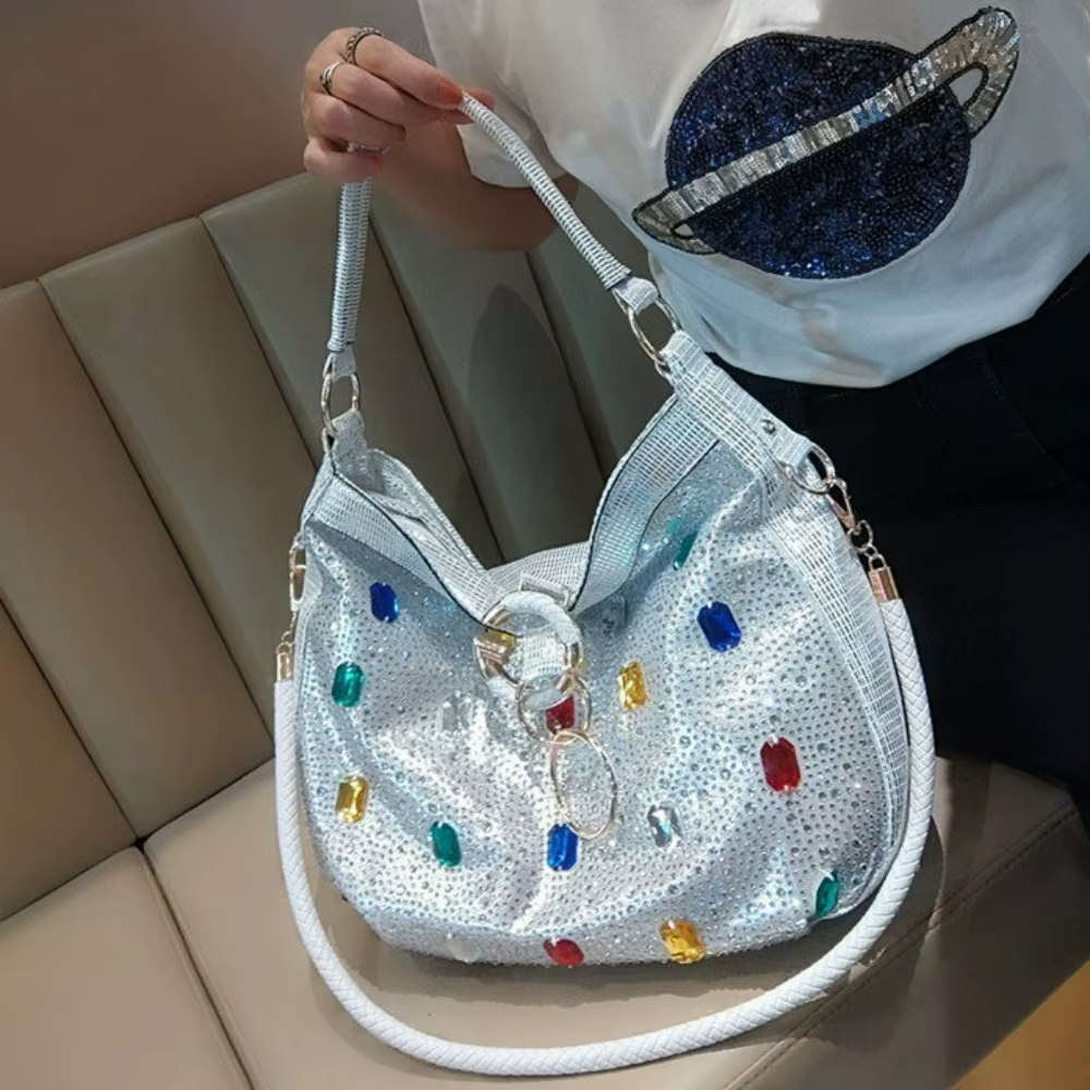 Sac à bandoulière hobo léopard scintillant avec pierres précieuses colorées