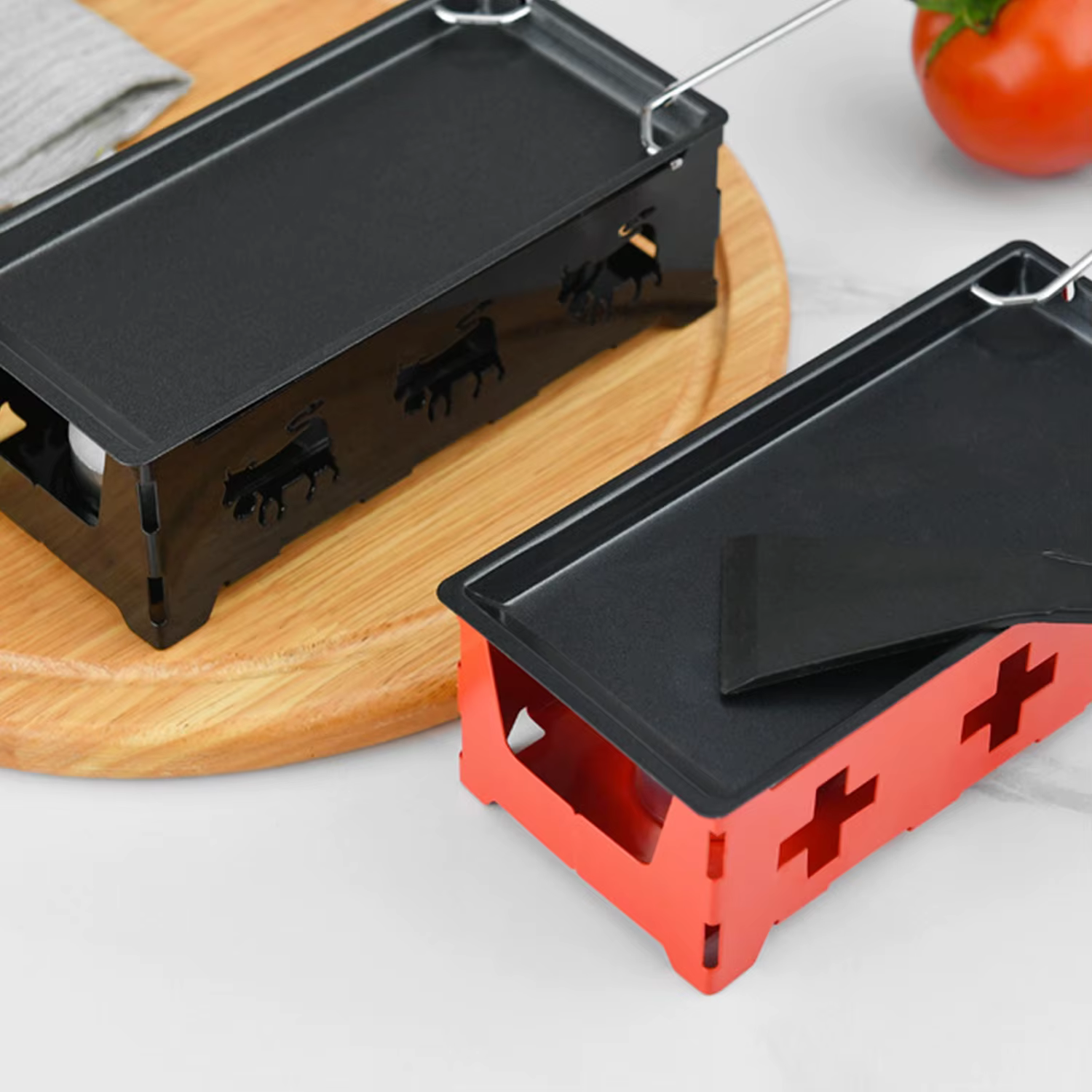 Ensemble de gril à Raclette antiadhésif, poêle à fondre le fromage avec spatule, manche en bois pliable, Raclette à fromage fondu, cuisine en acier au carbone