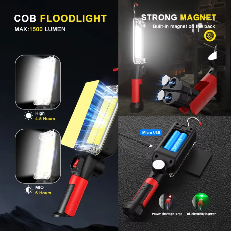 Projecteur COB Rechargeable Lampe de Travail LED Utilisation de 2*18650 Batterie LED Lumière Portable Magnétique Crochet Clip Étanche