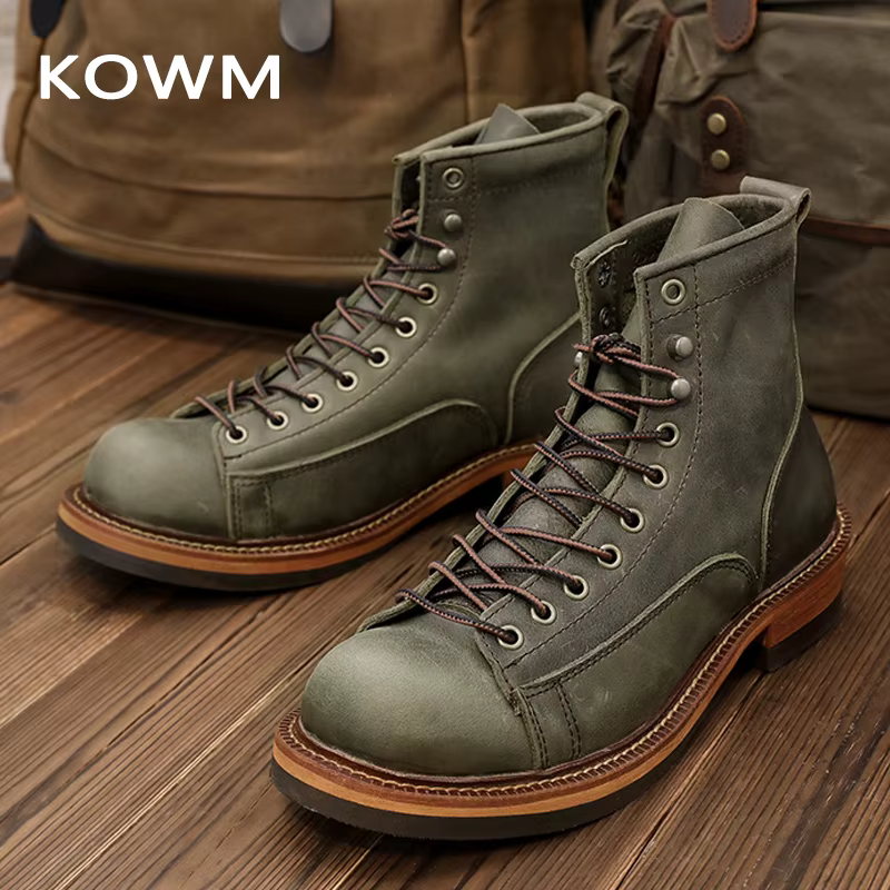 KOWM chaussures de randonnée bottes de marche pour hommes britanniques à semelles épaisses en peau de vache