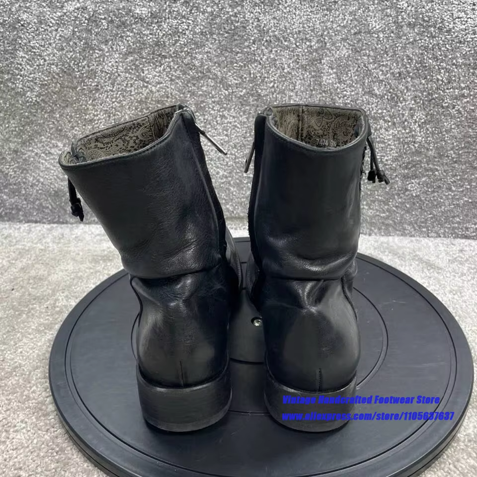 Bottines à fermeture éclair en cuir souple noir froissé pour hommes, bottes courtes à talon bas en cuir vintage, chaussures pour hommes fabriquées à la main par des designers