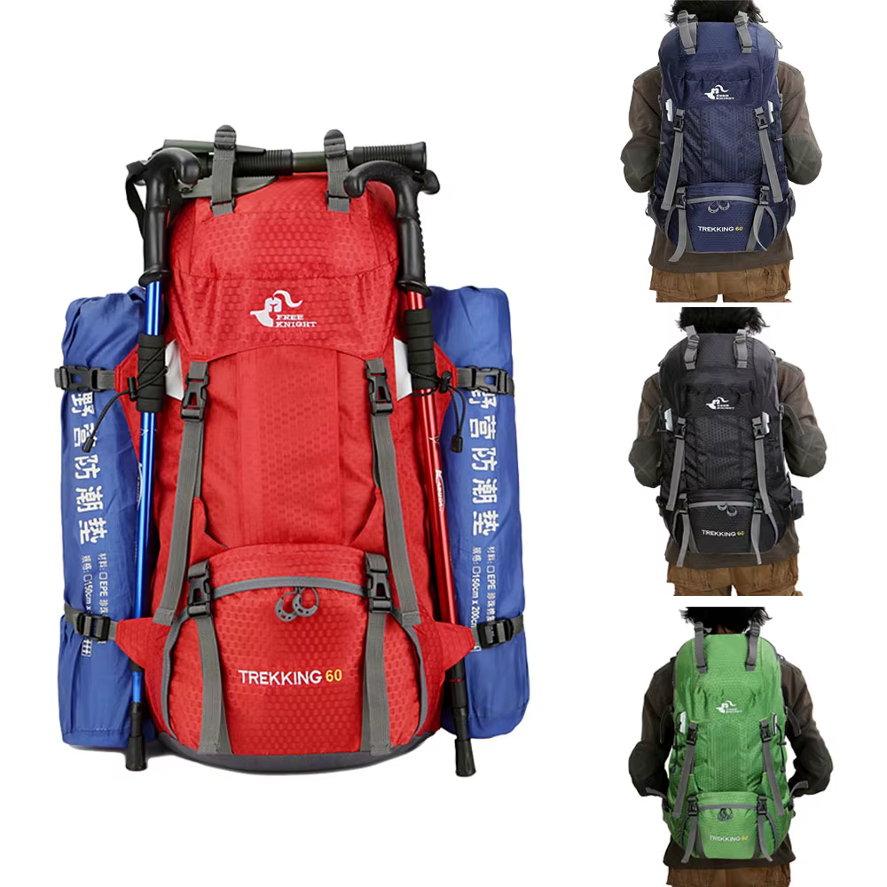 Sacs à dos de camping et de randonnée pour hommes, sac de sport en nylon pour l'escalade, sacs à dos de tourisme en plein air, housse de pluie, Free Knight, 60L