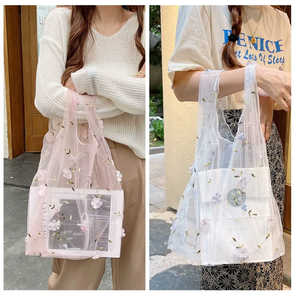 Sacs à main décontractés en maille écologique, sacs à main brodés, sacs de shopping transparents