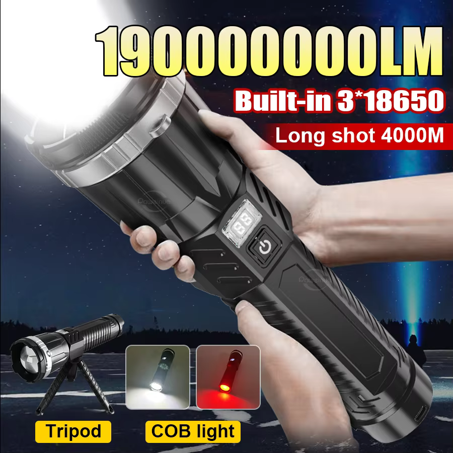 19000000LM super puissant lampe de poche intégrée 3 * 18650 haute puissance torche rechargeable LED lumière grande ouverture camping COB lanterne
