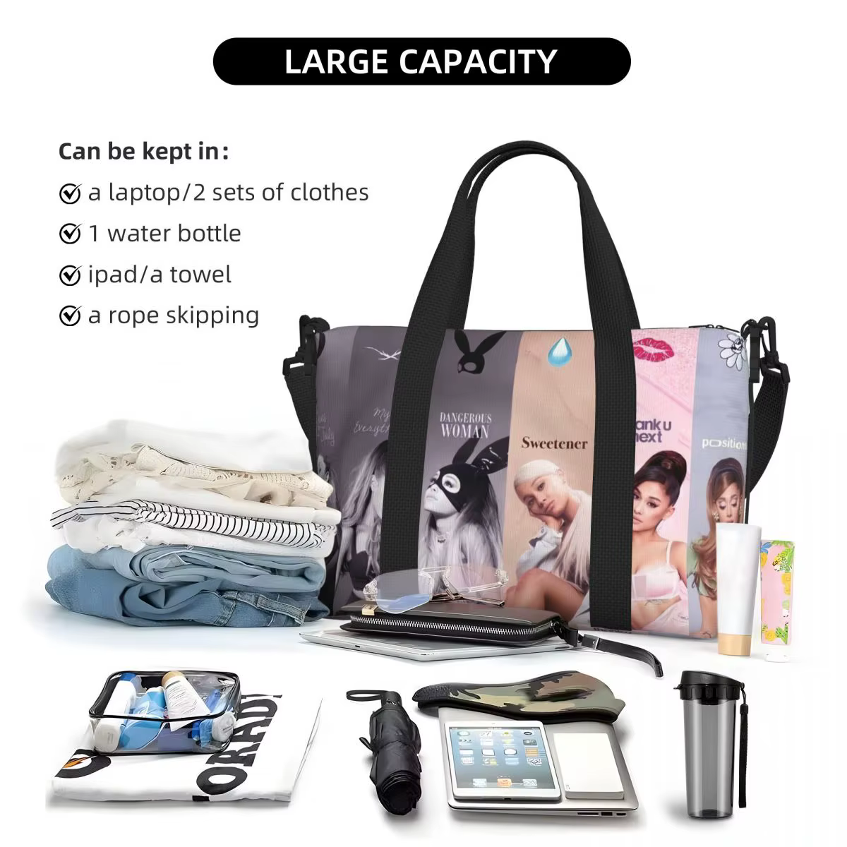 Sac fourre-tout personnalisé Ariana Grande Pop Music pour femmes, sacs de voyage de grande capacité pour chanteur américain, plage, gymnastique