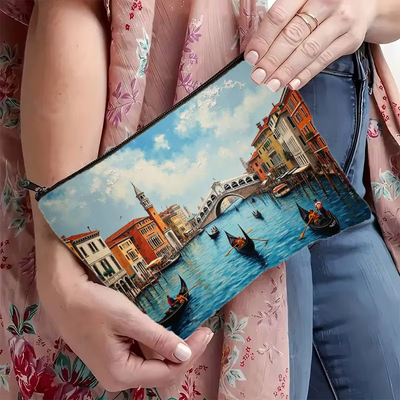 Sac de maquillage cosmétique Venise Italie avec imprimé canaux vénitiens et gondole, organisateur de voyage léger et pliable, pochette zippée
