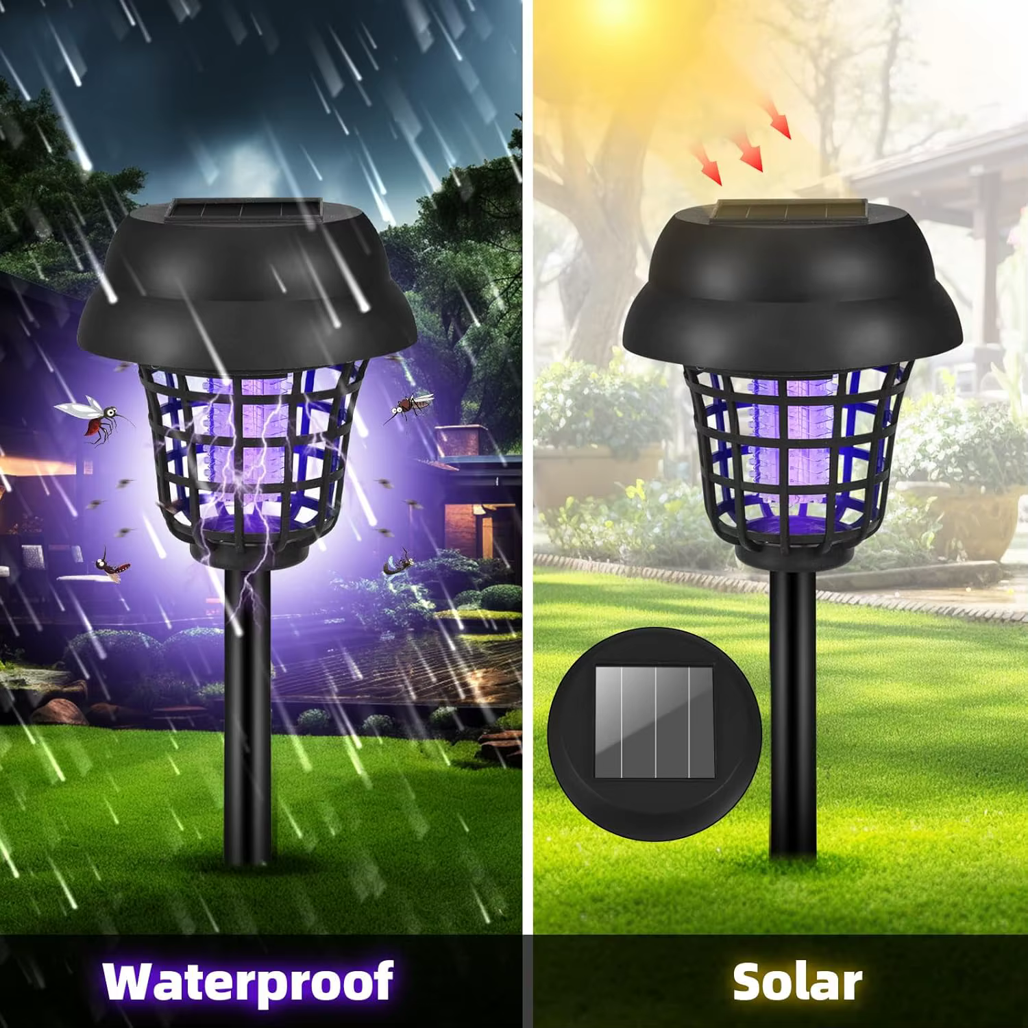 Lampe anti-moustiques solaire étanche 2 en 1 : éclairage et répulsif pour l'intérieur, l'extérieur, le jardin, la terrasse, la cour, le camping