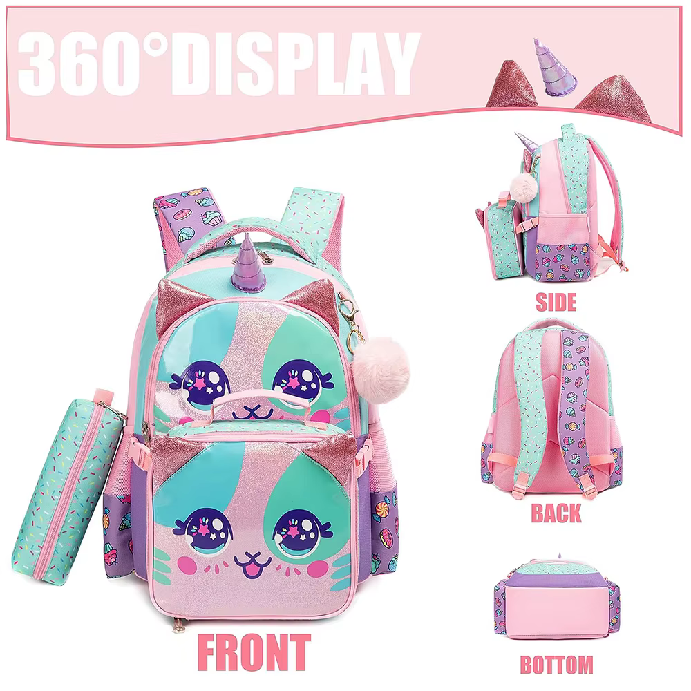Sacs à dos pour enfants pour filles, sac d'école avec boîte à déjeuner, ensemble de sac à dos d'école pour filles, sac à livres mignon pour la maternelle
