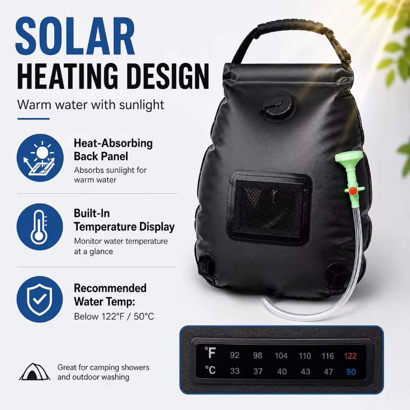 Sac de douche solaire 20L, sac d'eau portable pour le camping avec tuyau et buse pour la randonnée, les voyages et les activités de plein air
