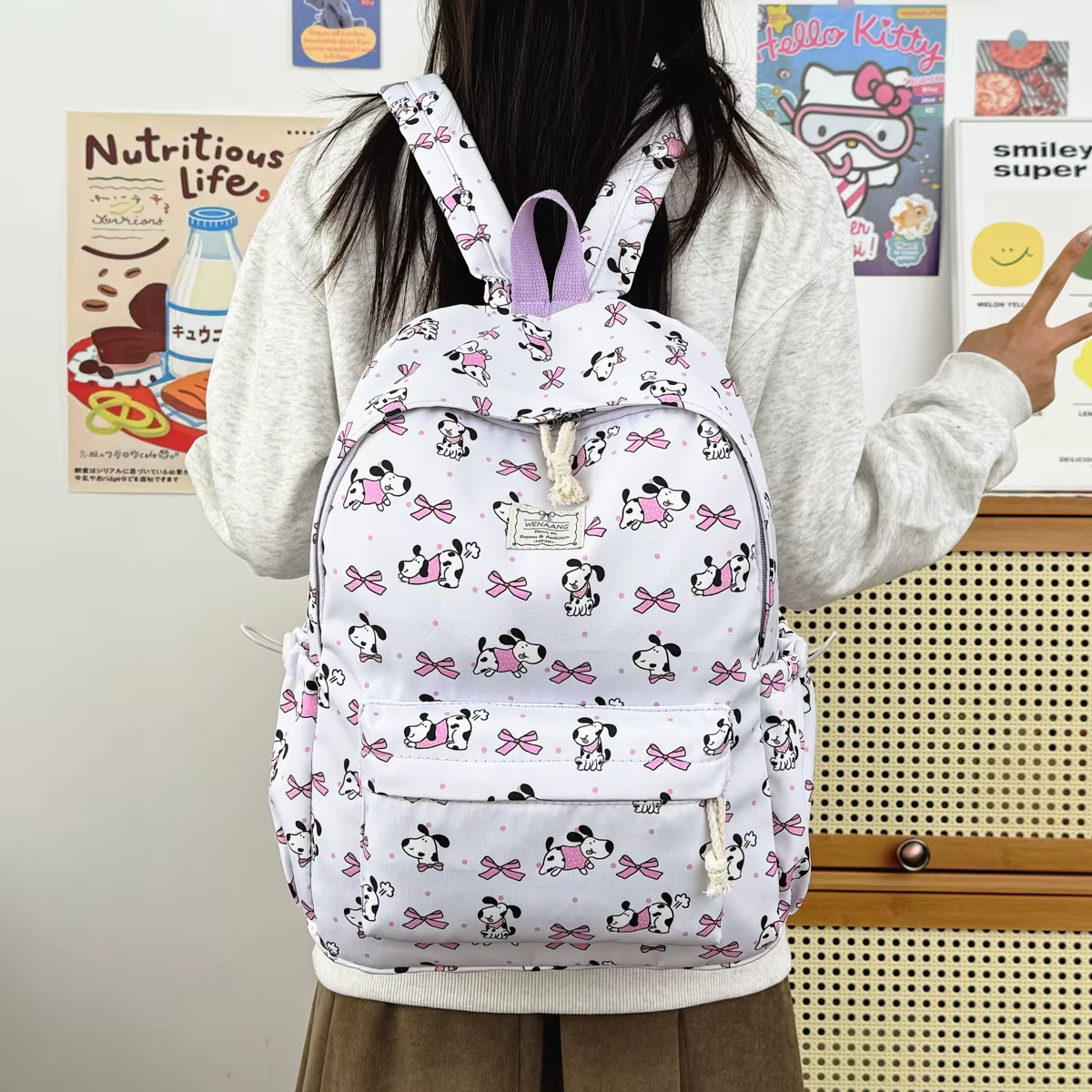 Sac à dos pour fille à motif animalier de dessin animé Sweet Kuromi, léger, en nylon, grande capacité, sac à dos double pour étudiants, campus, extérieur