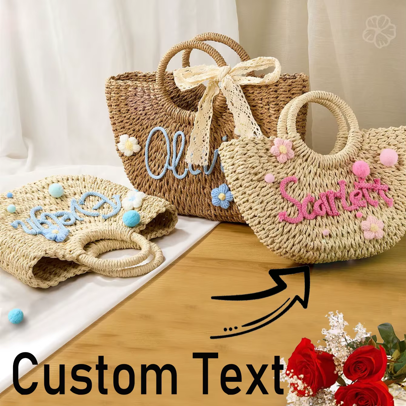 1 sac à main en paille personnalisé | sac de plage de demoiselle d'honneur | sac cadeau pour enterrement de vie de jeune fille, panier cadeau portable | cadeau de demoiselle d'honneur