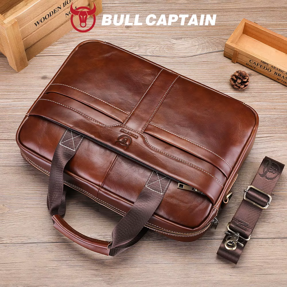 BULLCAPTAIN-Sac pour ordinateur portable en cuir pour homme, couche supérieure, sac pour ordinateur portable 15 ", étui à bombes pour ordinateur portable pour homme, étui de travail, sac de voyage d'a