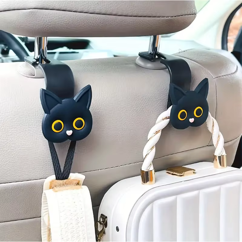 2 pièces adorables crochets d'appui-tête de siège de voiture de chat de dessin animé 3D-organisateur de stockage de véhicule universel pour sacs à main, sacs à main, manteaux-mignon Ca