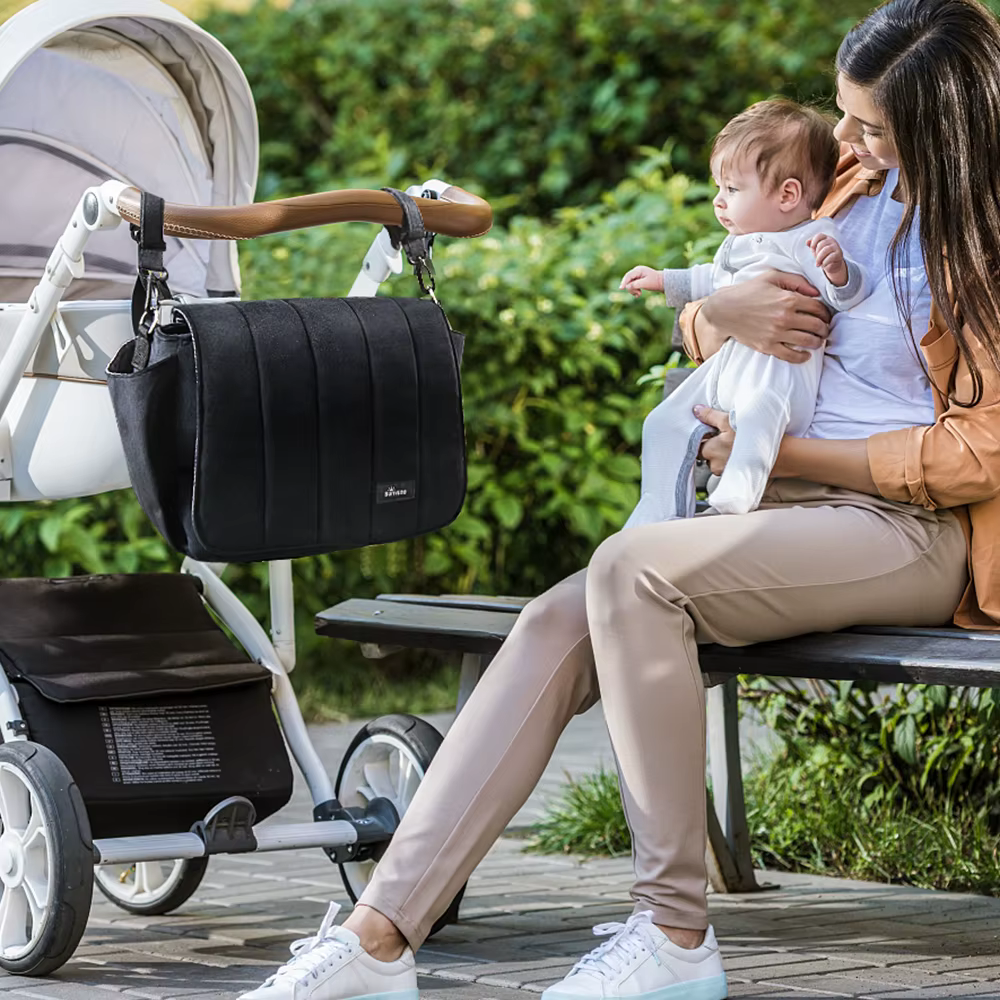 Sunveno-Sac à couches en velours côtelé noir pour poussette, sac à bandoulière grande capacité pour maman, pratique et classique
