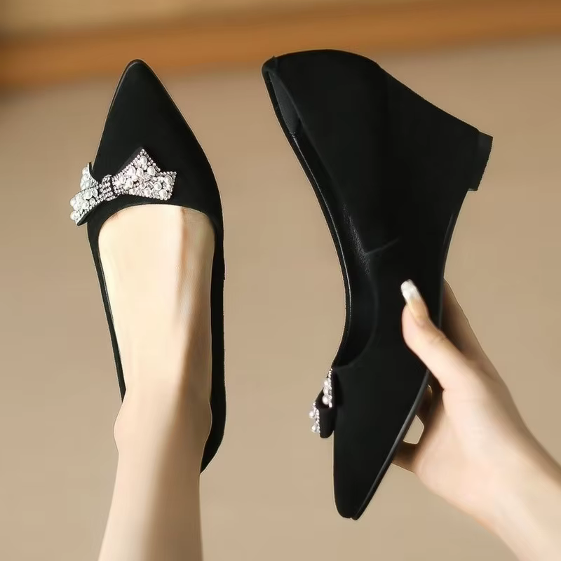 FHC – escarpins en Nubuck pour femmes, chaussures floquées à talons hauts, semelles compensées avec nœud papillon en strass, à enfiler, bout pointu, noir, grande taille, 34-42, livraison directe