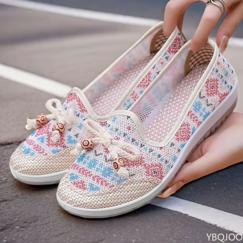 Chaussures en tissu pour femmes, nouvelle collection été 2025, chaussures décontractées respirantes pour mamans, style ethnique, ballerines à bout peu profond pour femmes, Zapatos