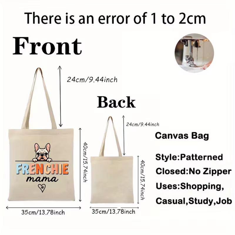 Sac fourre-tout en toile à motif de chien mère seau français de couleur crème avec motif en forme de coeur imprimé patte, adapté aux amateurs d'animaux de compagnie