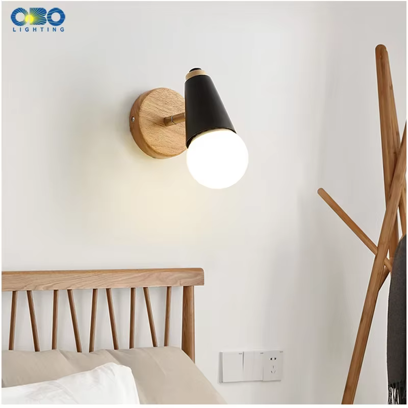 Moderne Macaron applique fer bois miroir lumière chevet chambre éclairage intérieur E27 ampoule rétro mur LED lumière nordique