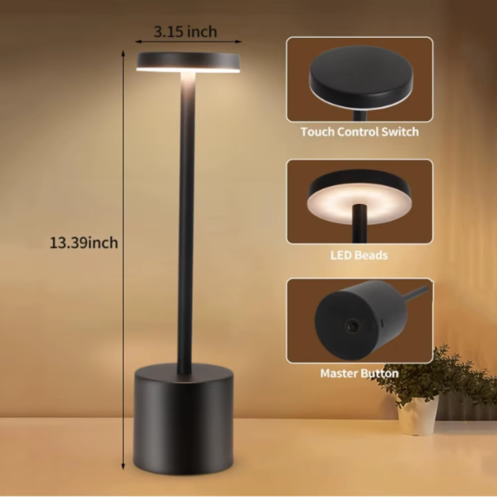 Lampe de bureau en métal LED, contrôle tactile 3 couleurs, luminosité réglable, rechargeable par USB, portable, décoration de chambre à coucher, salon, bar
