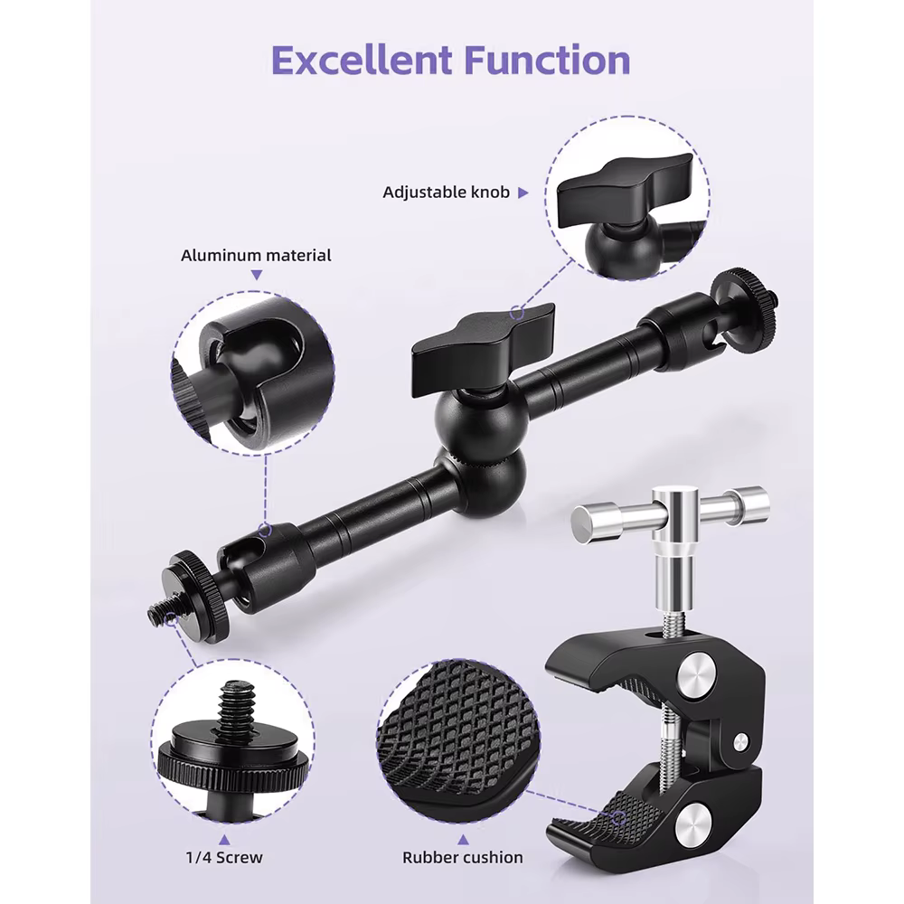 Bras magique réglable avec Super pince, bras articulé de 9 pouces, bras d'alimentation à Friction, Kit de vis de crabe pour lumière de moniteur de caméra
