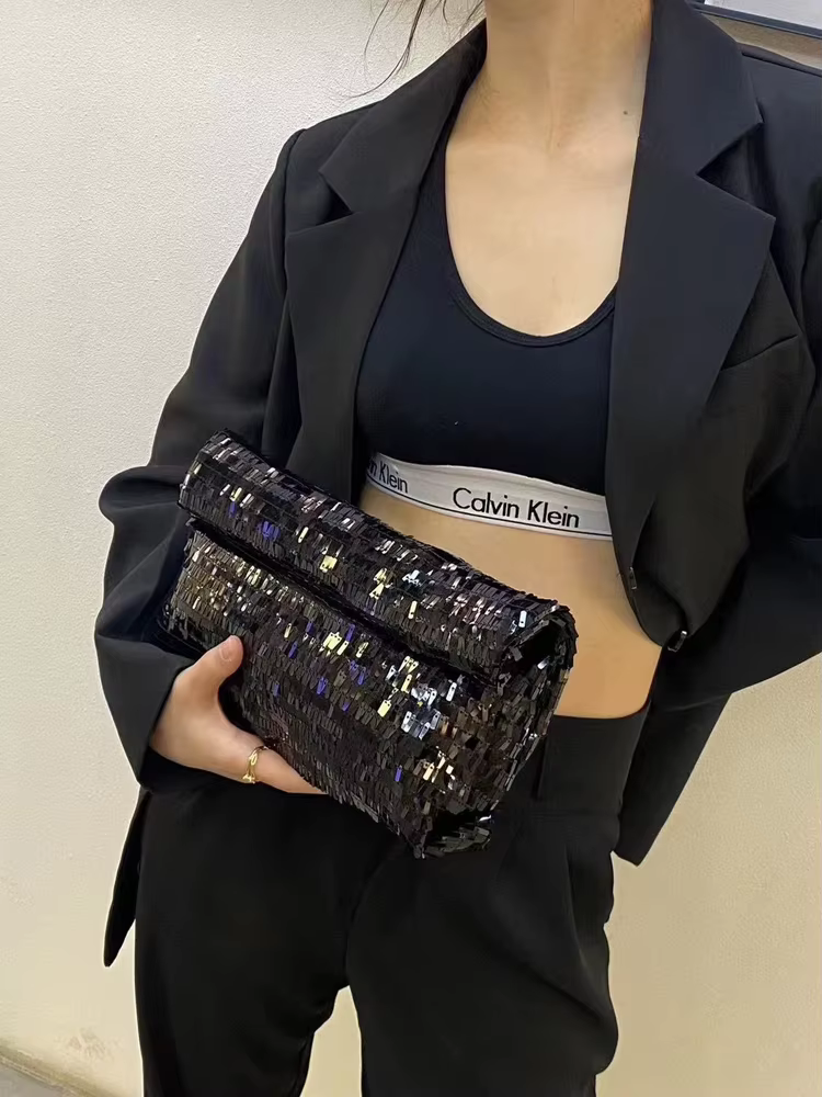Pochette de soirée argentée pour femmes, sac de luxe de styliste à paillettes brillantes, sac à main de fête de mariage, tendance, portefeuille en métal noir