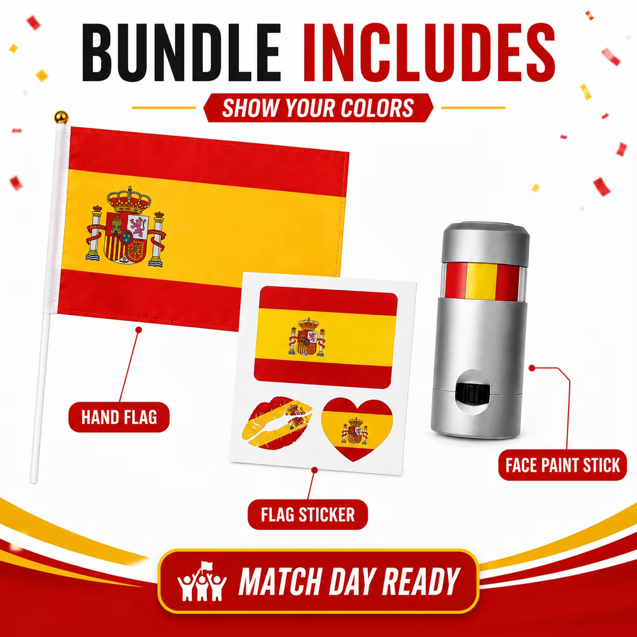 Kit de supporters de football 3 en 1, drapeau à main, autocollants décoratifs temporaires, accessoires pour la fête du jour du match