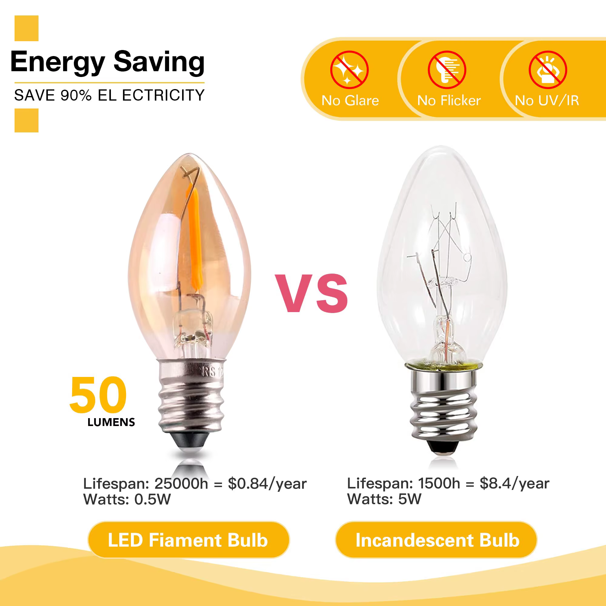 Ganliland – ampoule LED en verre teinté or C7 0.5W, Vintage, douce et chaude, Mini candélabre, 2700K E12 E14, 220V