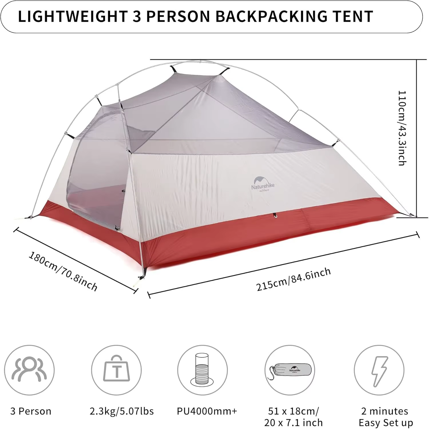 Naturehike – tente de Camping pour 1 à 3 personnes