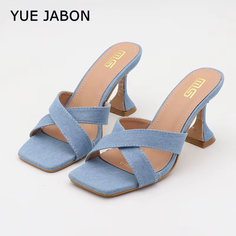 Chaussures décontractées pour femmes bleues, tendance été 2026, mules en jean à bout carré, couleur unie, à talons épais, faciles à enfiler