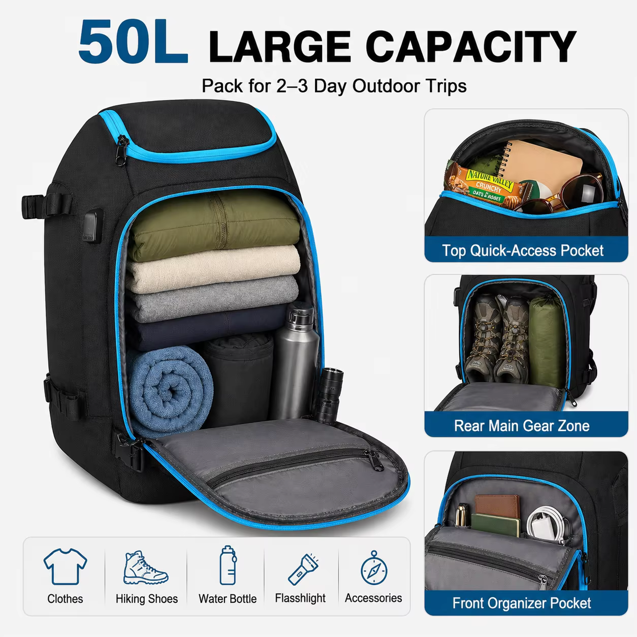 Sac à dos de randonnée 50L avec tissu Oxford résistant à l'eau