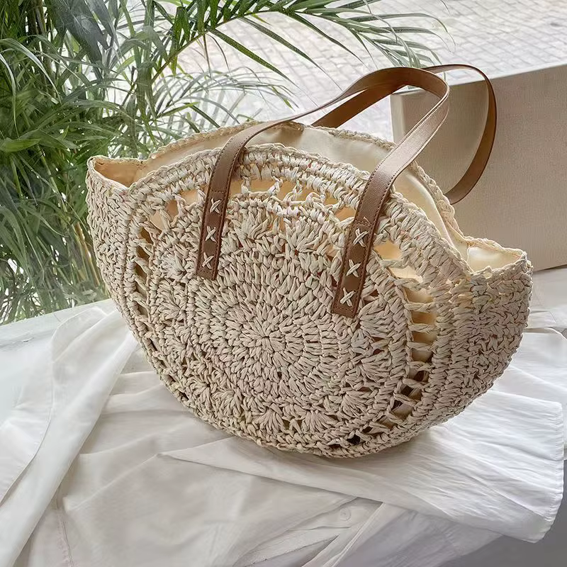 Sac de plage rond en paille, sac à bandoulière tissé Vintage fait à la main, sacs en rotin circulaire en raphia, sacs décontractés bohème pour vacances d'été